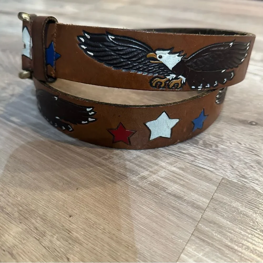 Genuine Full Grain Leather Belt Size 36 Hand Painted Eagle Patriotic Stars Brown